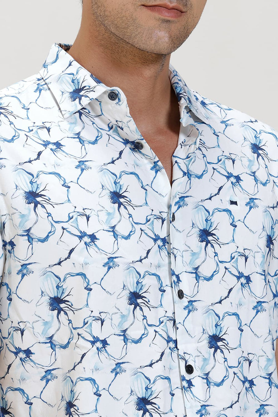 BASICS SLIM FIT GALAXY BLUE VISCOSE DIGITAL PRINTED HALFSLEEVES SHIRT