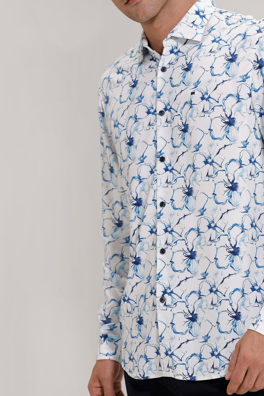 BASICS SLIM FIT GALAXY BLUE VISCOSE DIGITAL PRINTED SHIRT