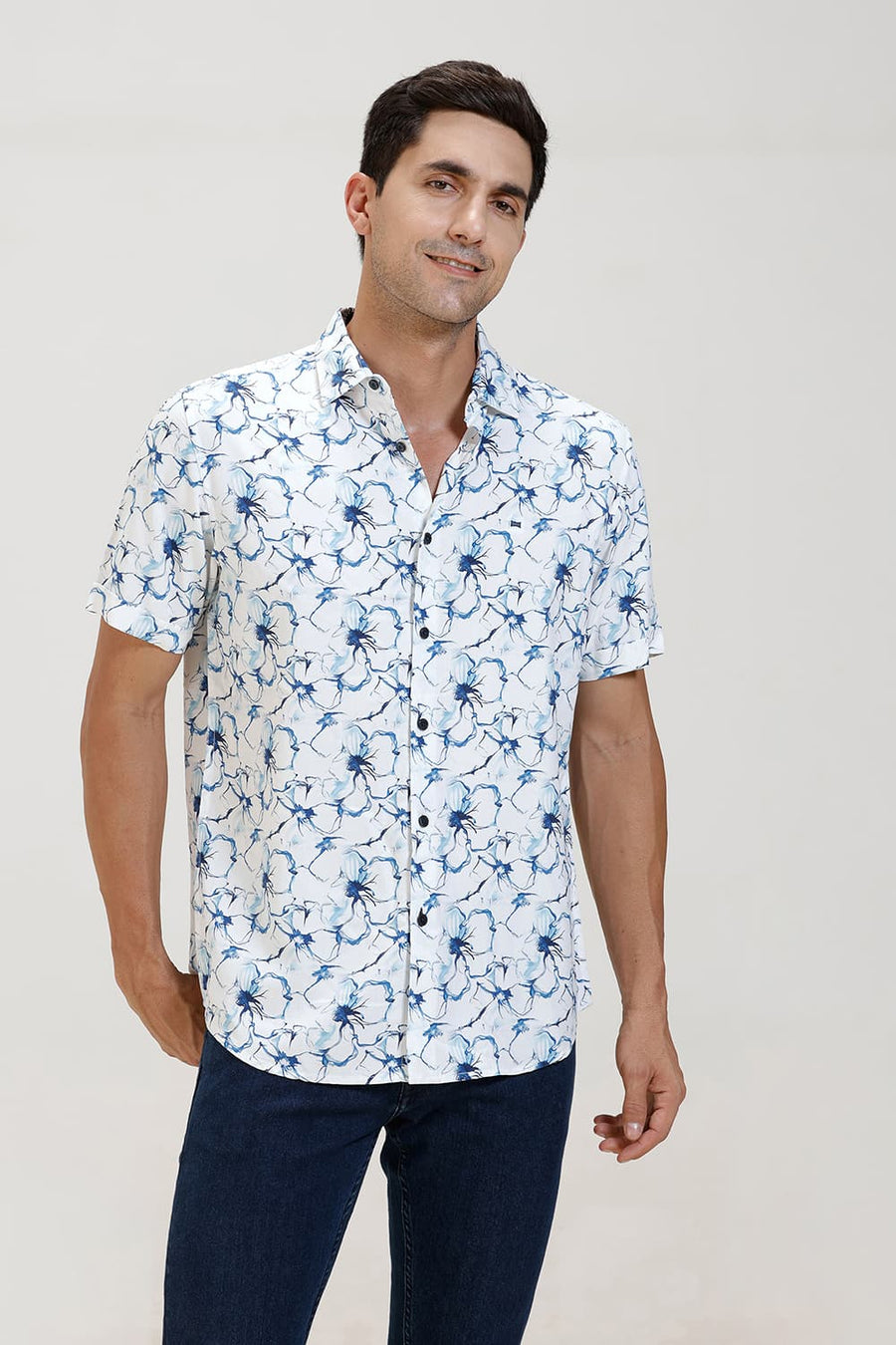 BASICS SLIM FIT GALAXY BLUE VISCOSE DIGITAL PRINTED HALFSLEEVES SHIRT