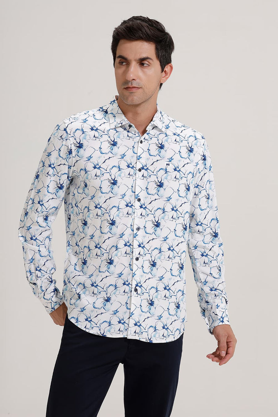 BASICS SLIM FIT GALAXY BLUE VISCOSE DIGITAL PRINTED SHIRT