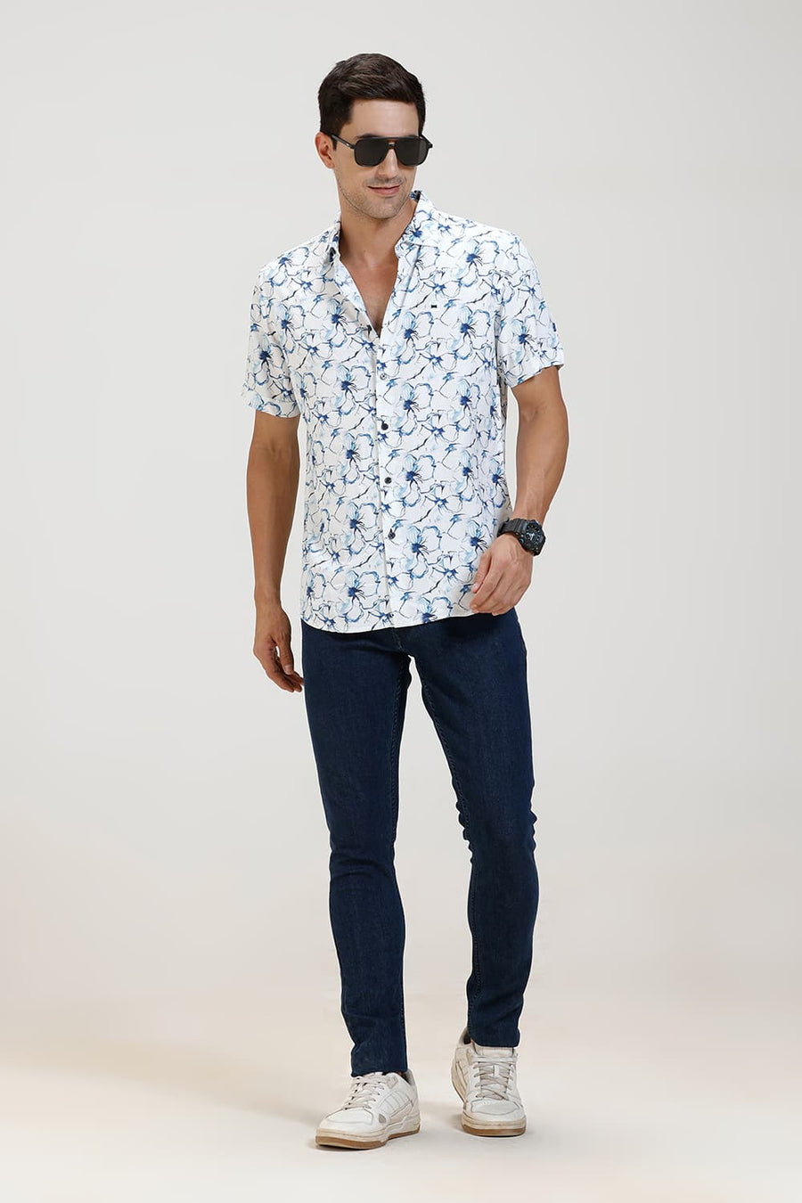 BASICS SLIM FIT GALAXY BLUE VISCOSE DIGITAL PRINTED HALFSLEEVES SHIRT