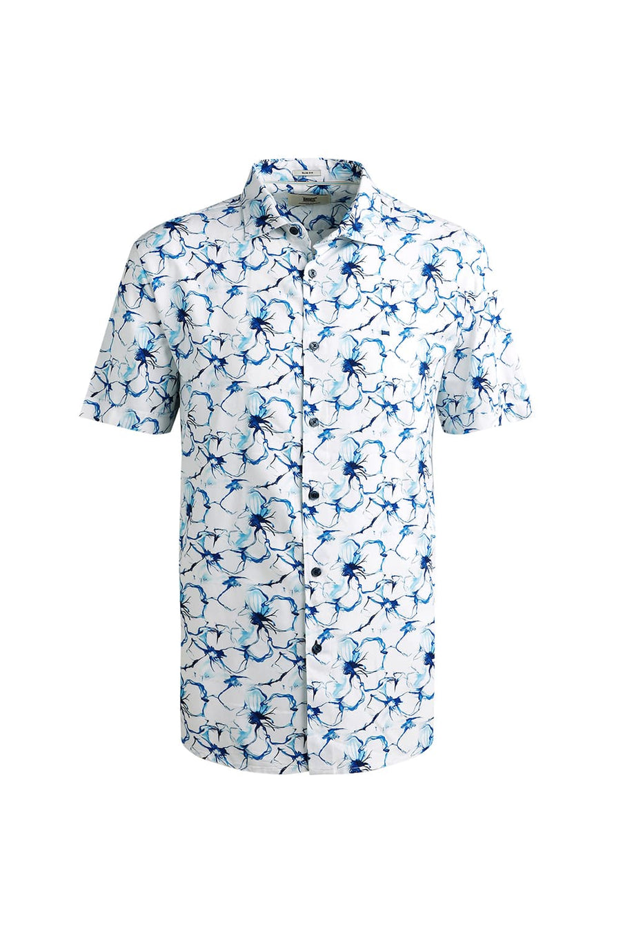 BASICS SLIM FIT GALAXY BLUE VISCOSE DIGITAL PRINTED HALFSLEEVES SHIRT