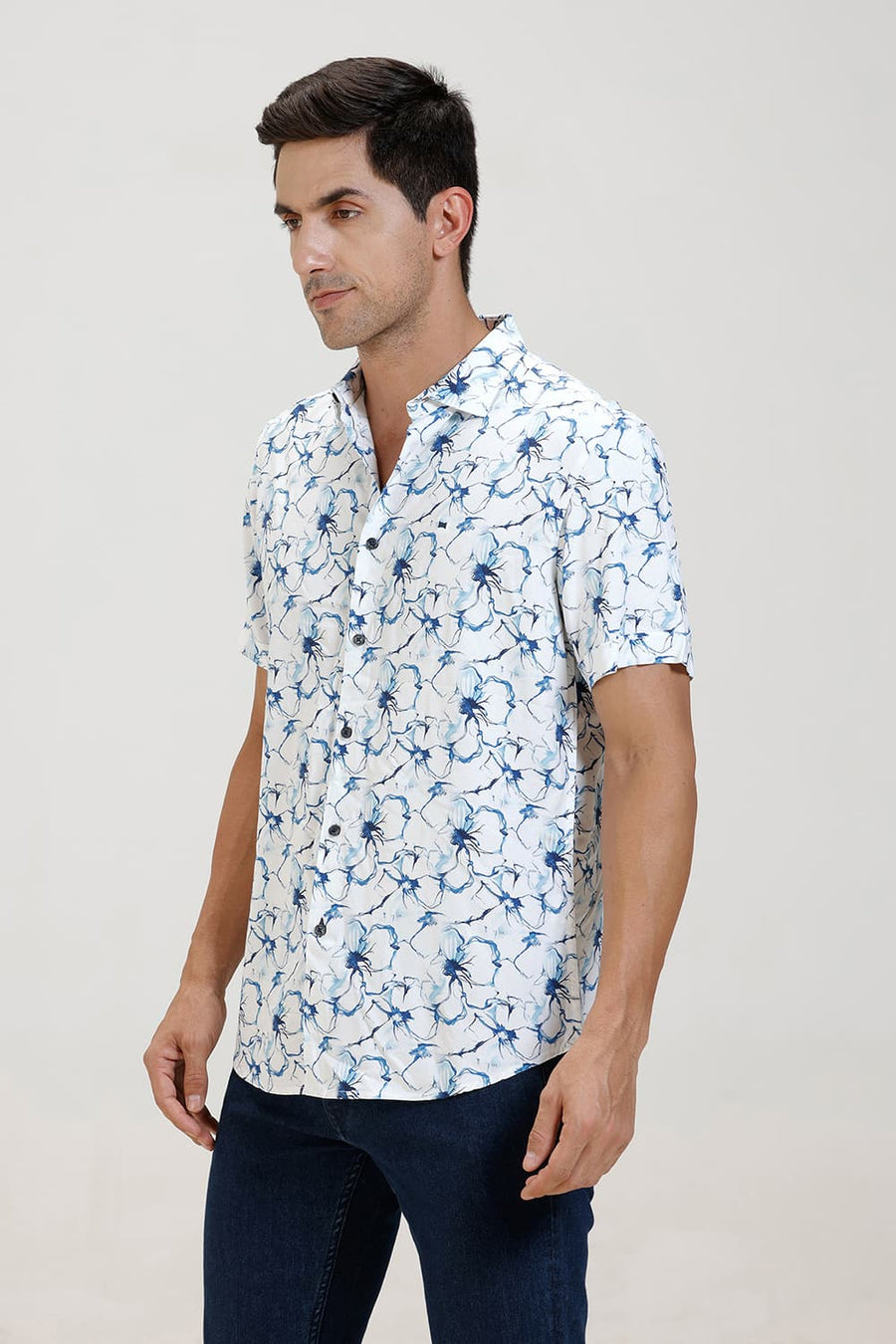 BASICS SLIM FIT GALAXY BLUE VISCOSE DIGITAL PRINTED HALFSLEEVES SHIRT