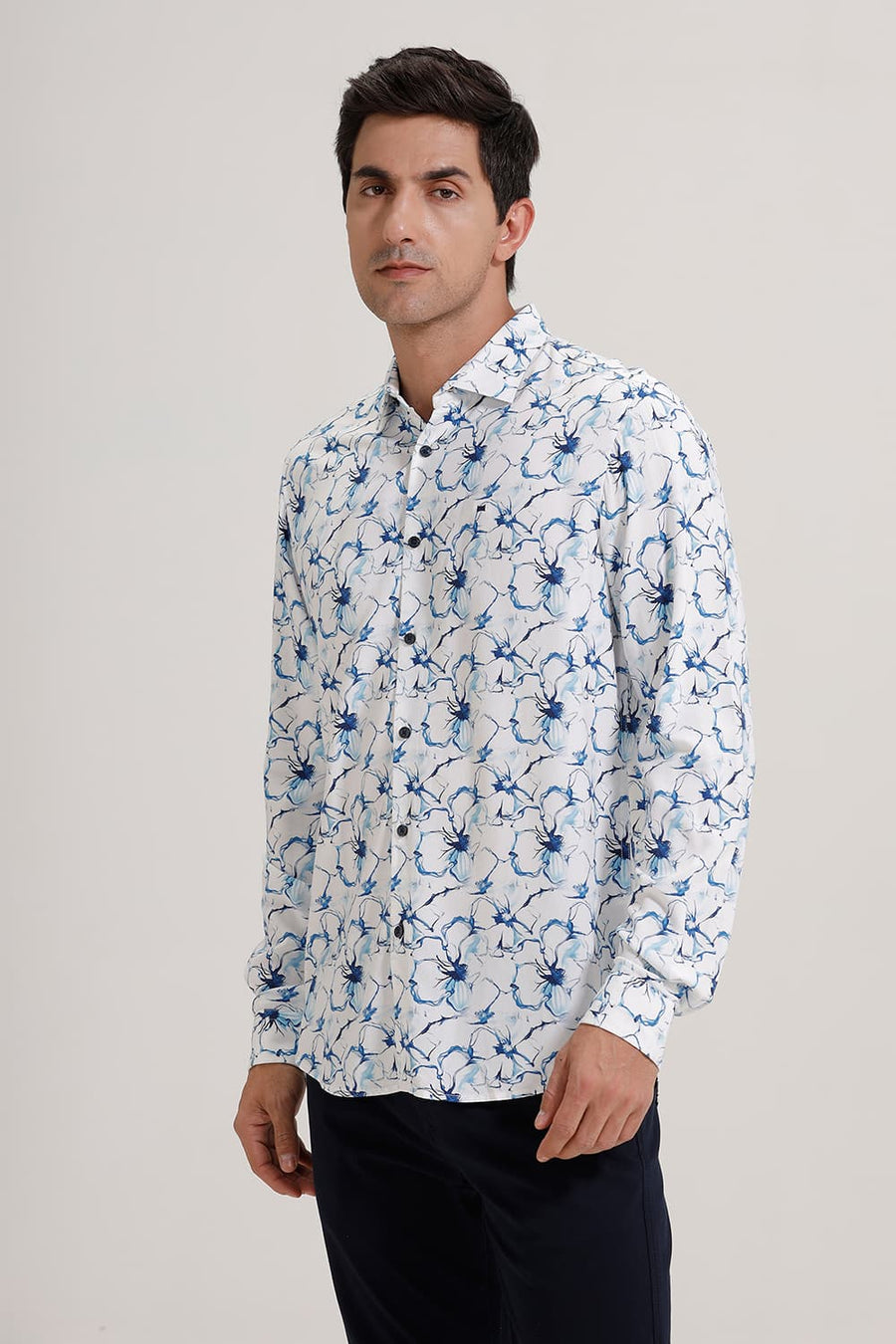 BASICS SLIM FIT GALAXY BLUE VISCOSE DIGITAL PRINTED SHIRT