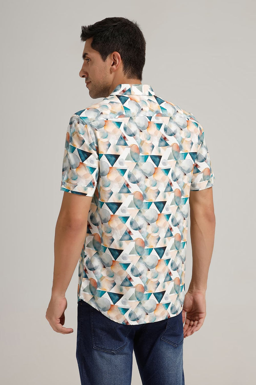 BASICS SLIM FIT STARGAZER BLUE VISCOSE DIGITAL PRINTED HALFSLEEVES SHIRT