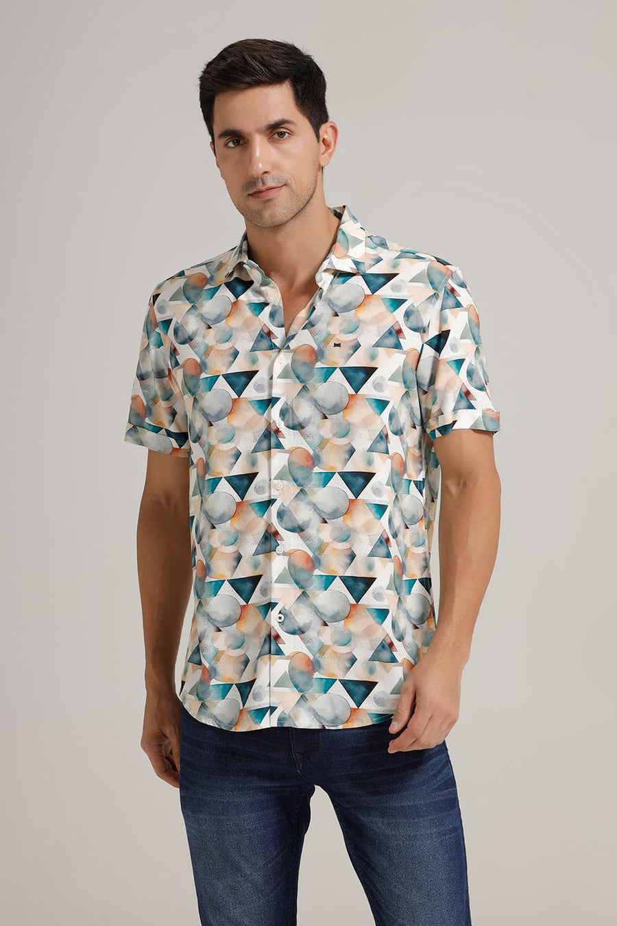BASICS SLIM FIT STARGAZER BLUE VISCOSE DIGITAL PRINTED HALFSLEEVES SHIRT