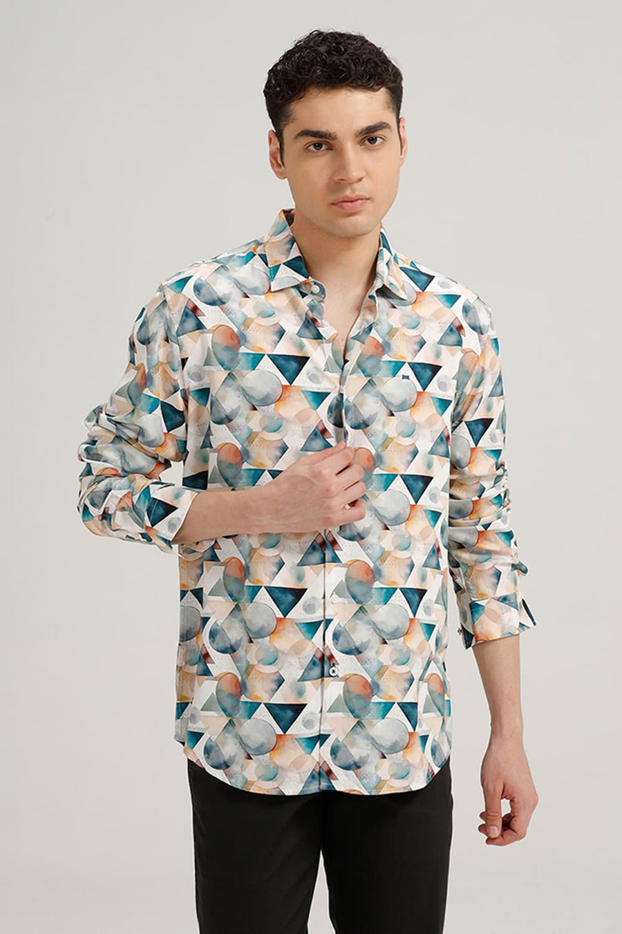 BASICS SLIM FIT STARGAZER BLUE VISCOSE DIGITAL PRINTED SHIRT