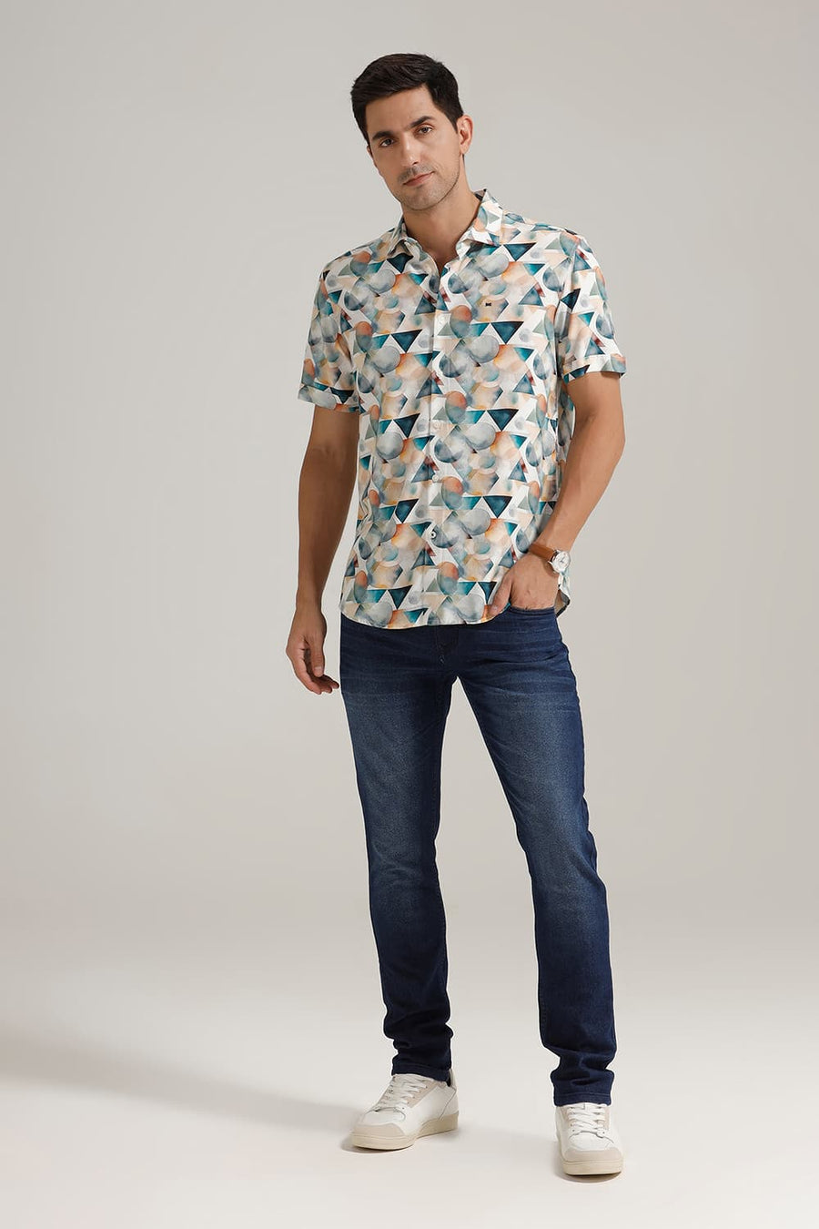 BASICS SLIM FIT STARGAZER BLUE VISCOSE DIGITAL PRINTED HALFSLEEVES SHIRT