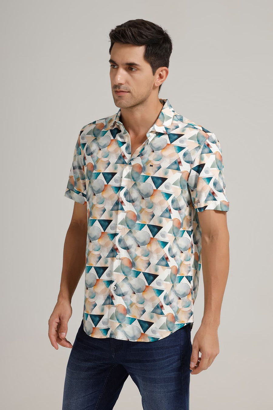 BASICS SLIM FIT STARGAZER BLUE VISCOSE DIGITAL PRINTED HALFSLEEVES SHIRT
