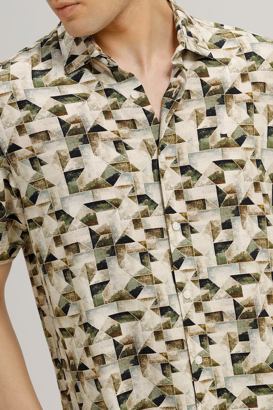 BASICS SLIM FIT INCENCE BEIGE VISCOSE DIGITAL PRINTED HALFSLEEVES SHIRT