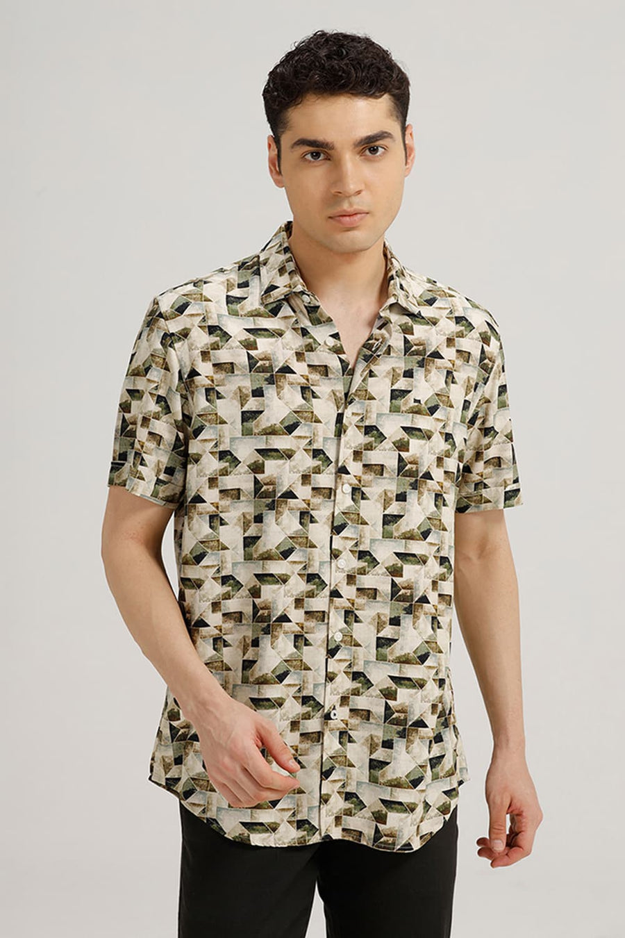 BASICS SLIM FIT INCENCE BEIGE VISCOSE DIGITAL PRINTED HALFSLEEVES SHIRT