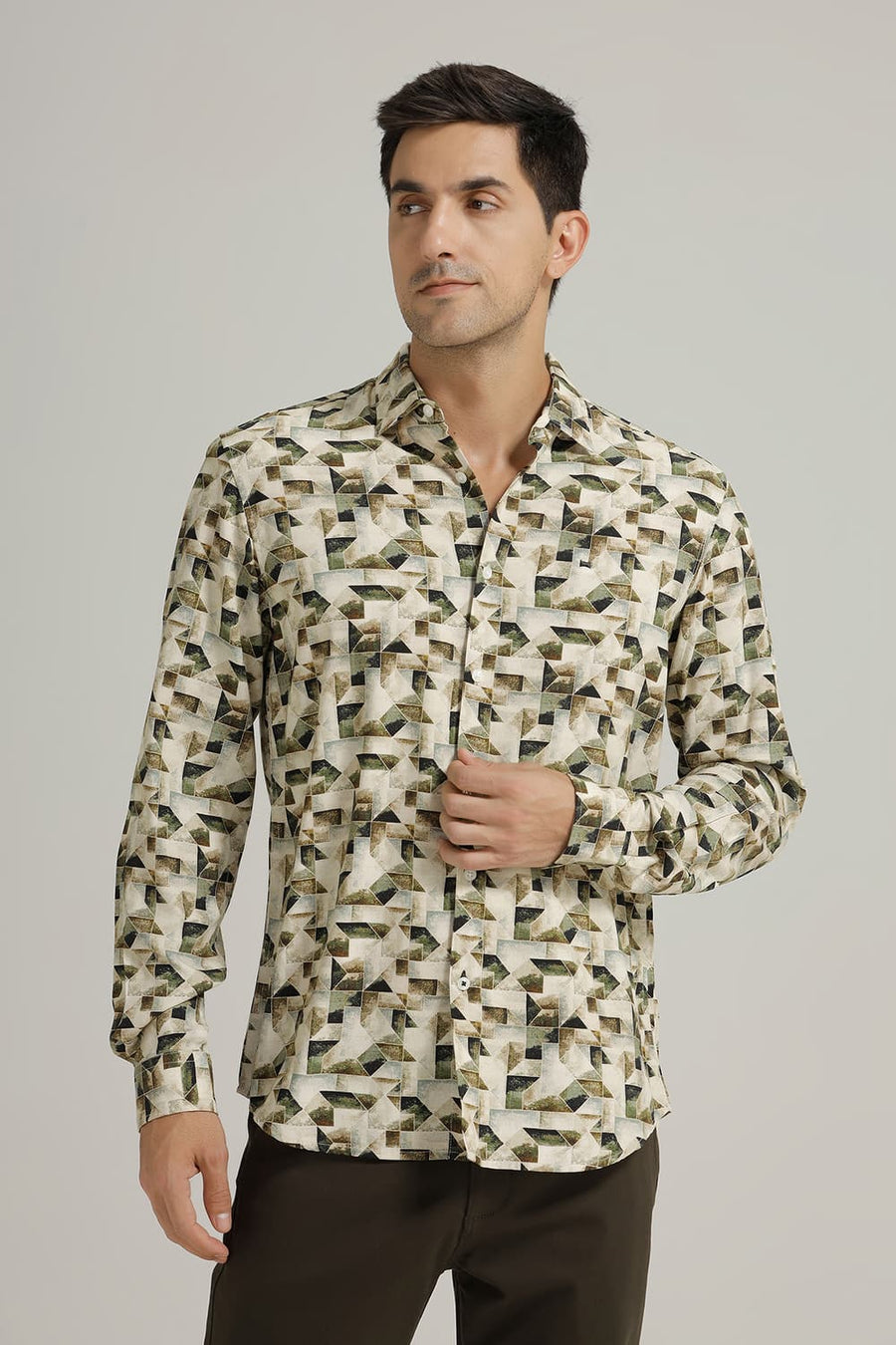 BASICS SLIM FIT INCENCE BEIGE VISCOSE DIGITAL PRINTED SHIRT