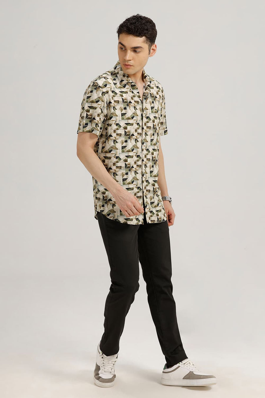 BASICS SLIM FIT INCENCE BEIGE VISCOSE DIGITAL PRINTED HALFSLEEVES SHIRT