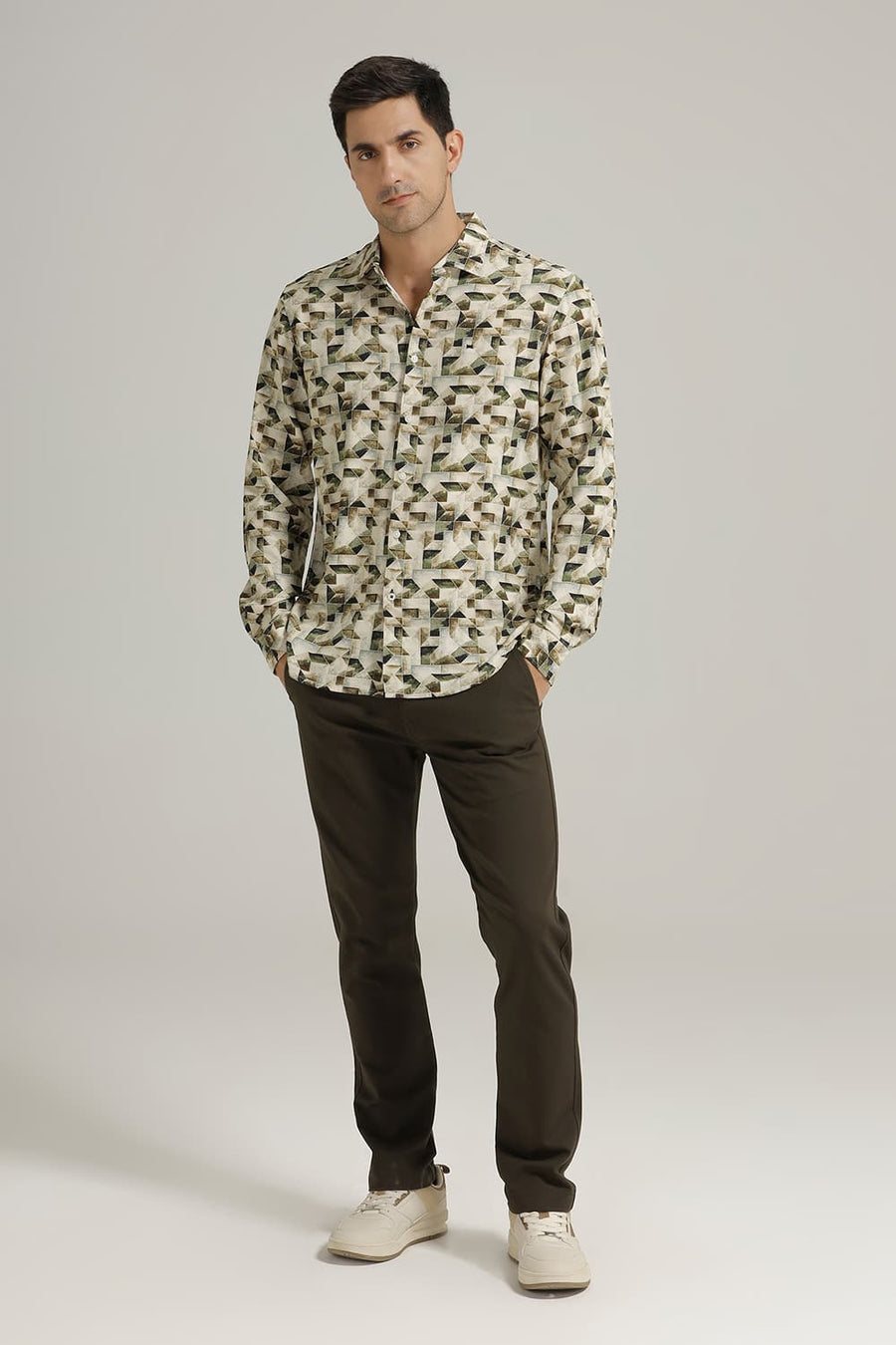BASICS SLIM FIT INCENCE BEIGE VISCOSE DIGITAL PRINTED SHIRT