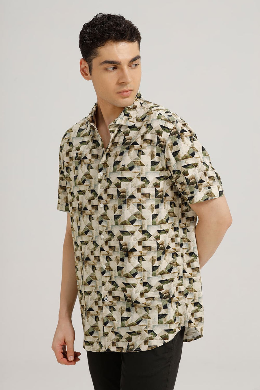 BASICS SLIM FIT INCENCE BEIGE VISCOSE DIGITAL PRINTED HALFSLEEVES SHIRT