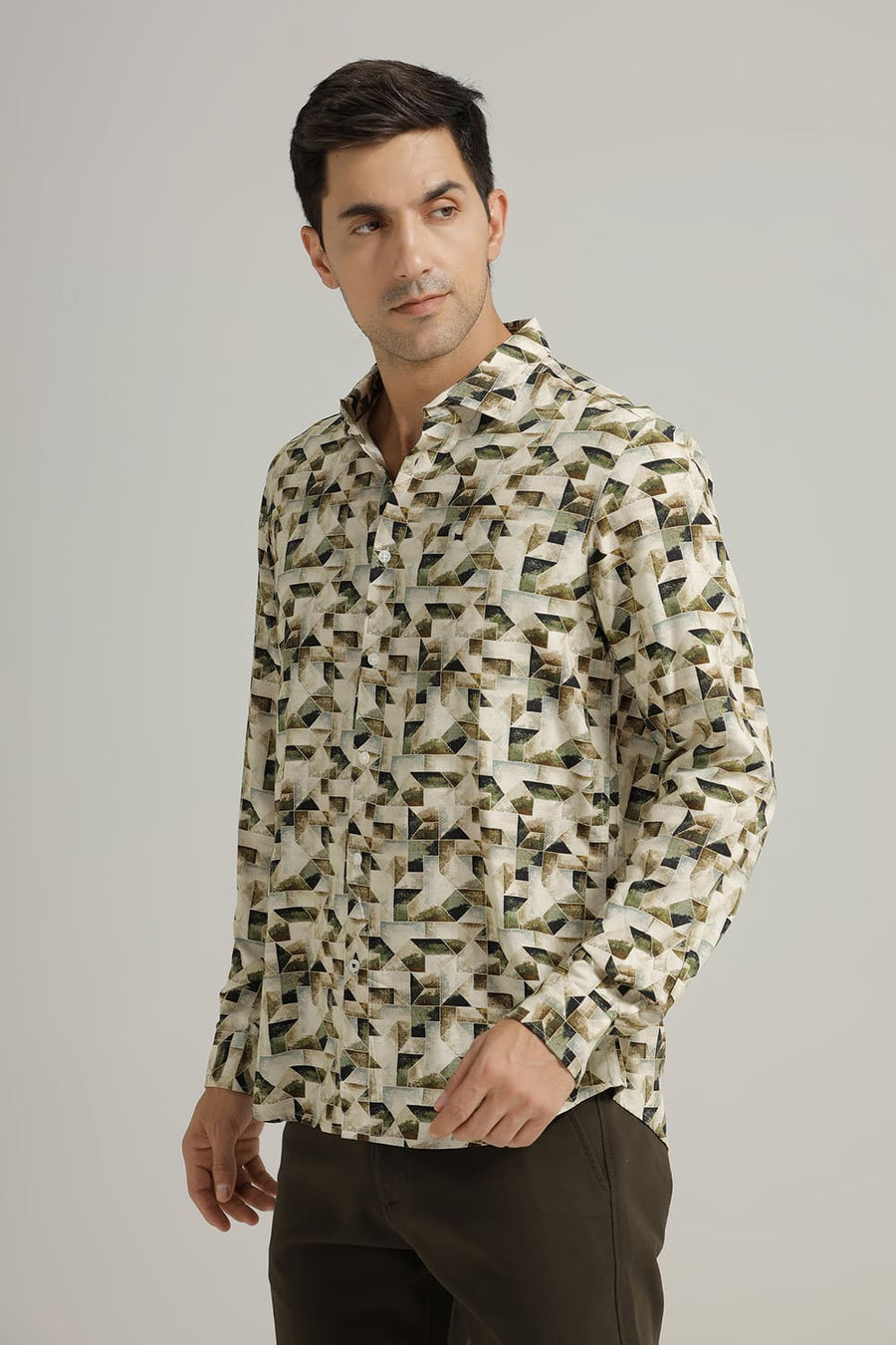 BASICS SLIM FIT INCENCE BEIGE VISCOSE DIGITAL PRINTED SHIRT