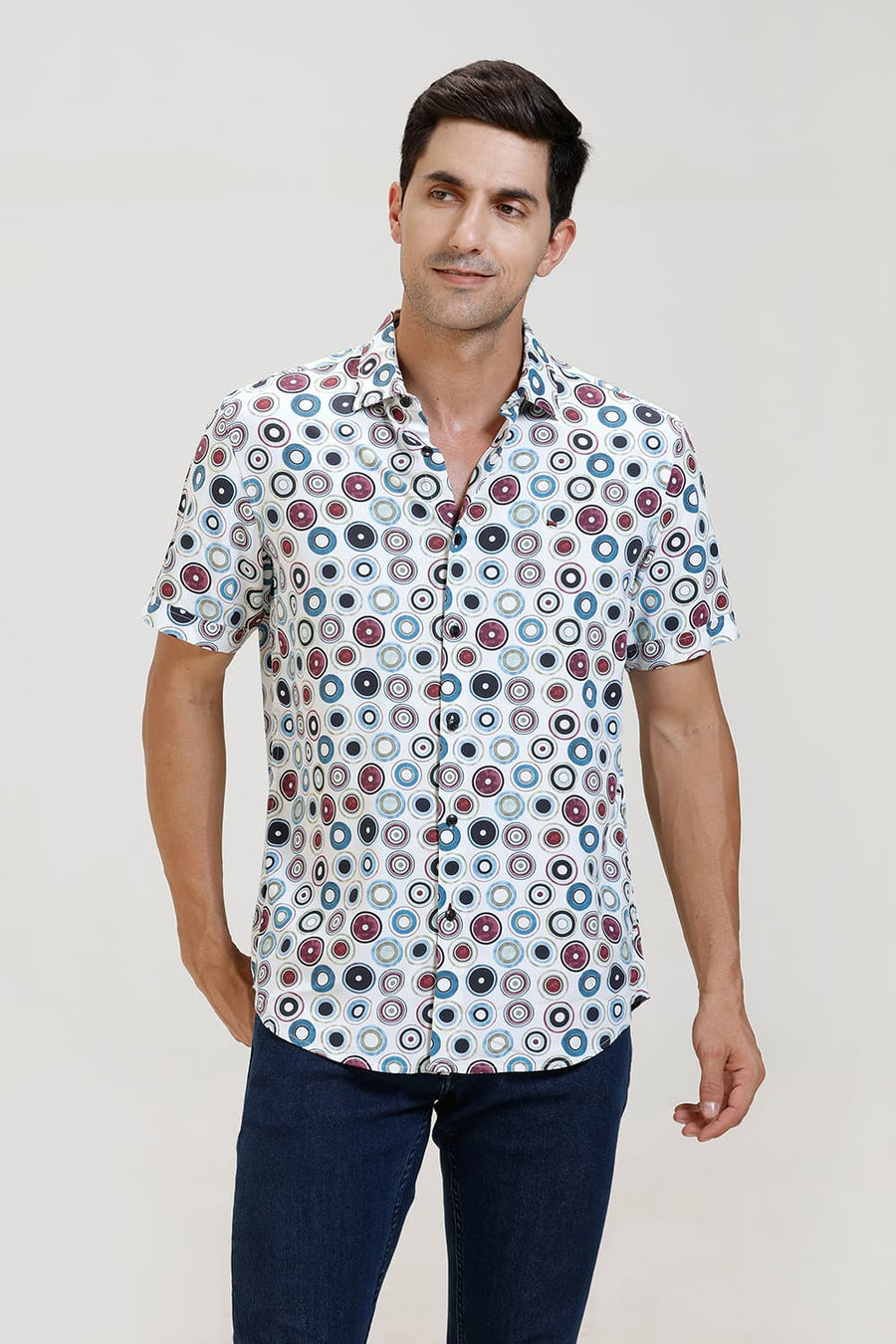 BASICS SLIM FIT BRIGHT WHITE COTTON DIDITAL PRINTED HALFSLEEVES SHIRT