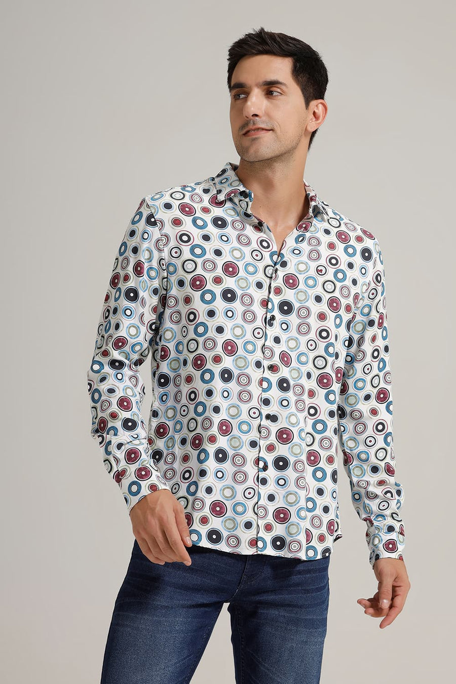 BASICS SLIM FIT BRIGHT WHITE COTTON DIDITAL PRINTED SHIRT