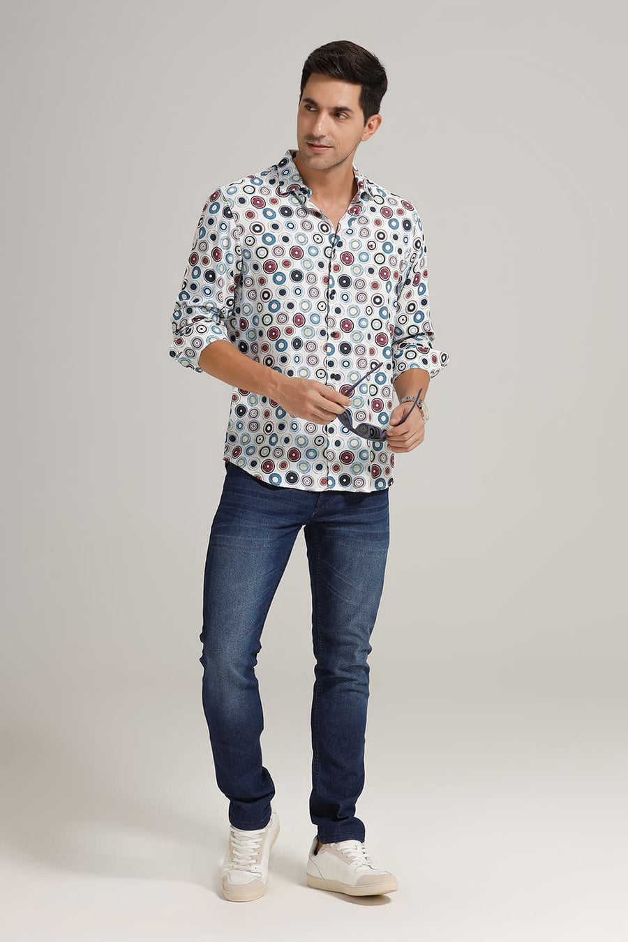BASICS SLIM FIT BRIGHT WHITE COTTON DIDITAL PRINTED SHIRT