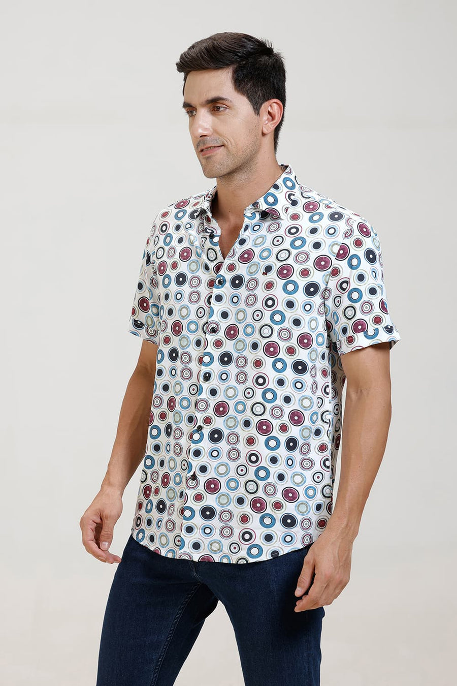 BASICS SLIM FIT BRIGHT WHITE COTTON DIDITAL PRINTED HALFSLEEVES SHIRT