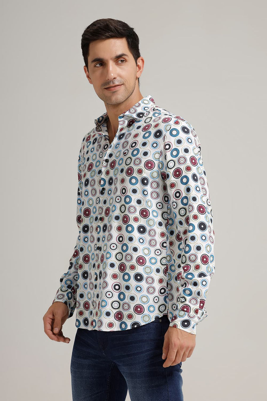 BASICS SLIM FIT BRIGHT WHITE COTTON DIDITAL PRINTED SHIRT