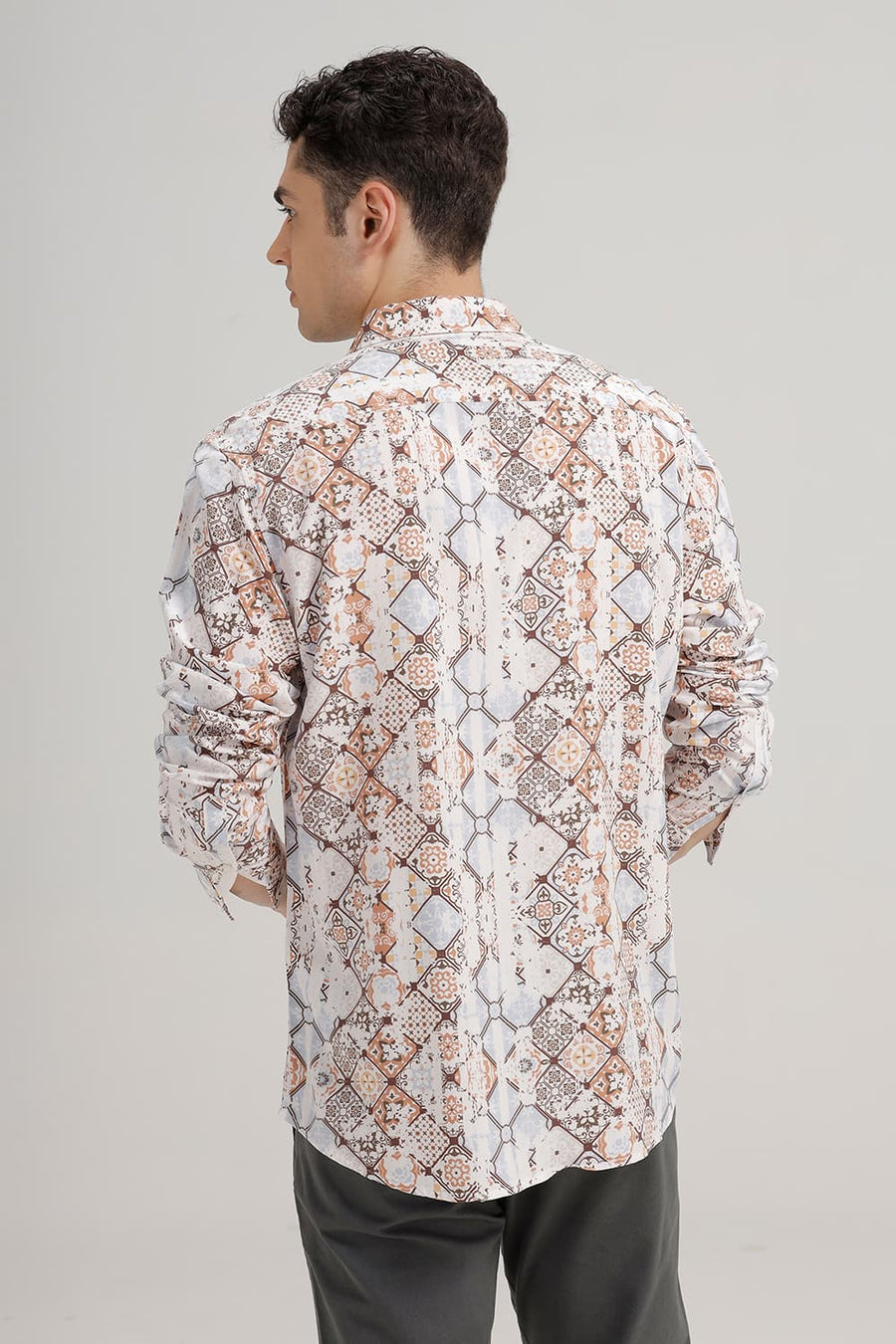BASICS SLIM FIT PORCINI BROWN VISCOSE DIGITAL PRINTED SHIRT