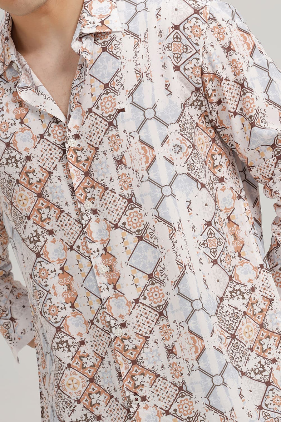 BASICS SLIM FIT PORCINI BROWN VISCOSE DIGITAL PRINTED SHIRT