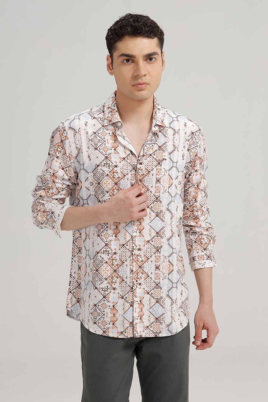 BASICS SLIM FIT PORCINI BROWN VISCOSE DIGITAL PRINTED SHIRT