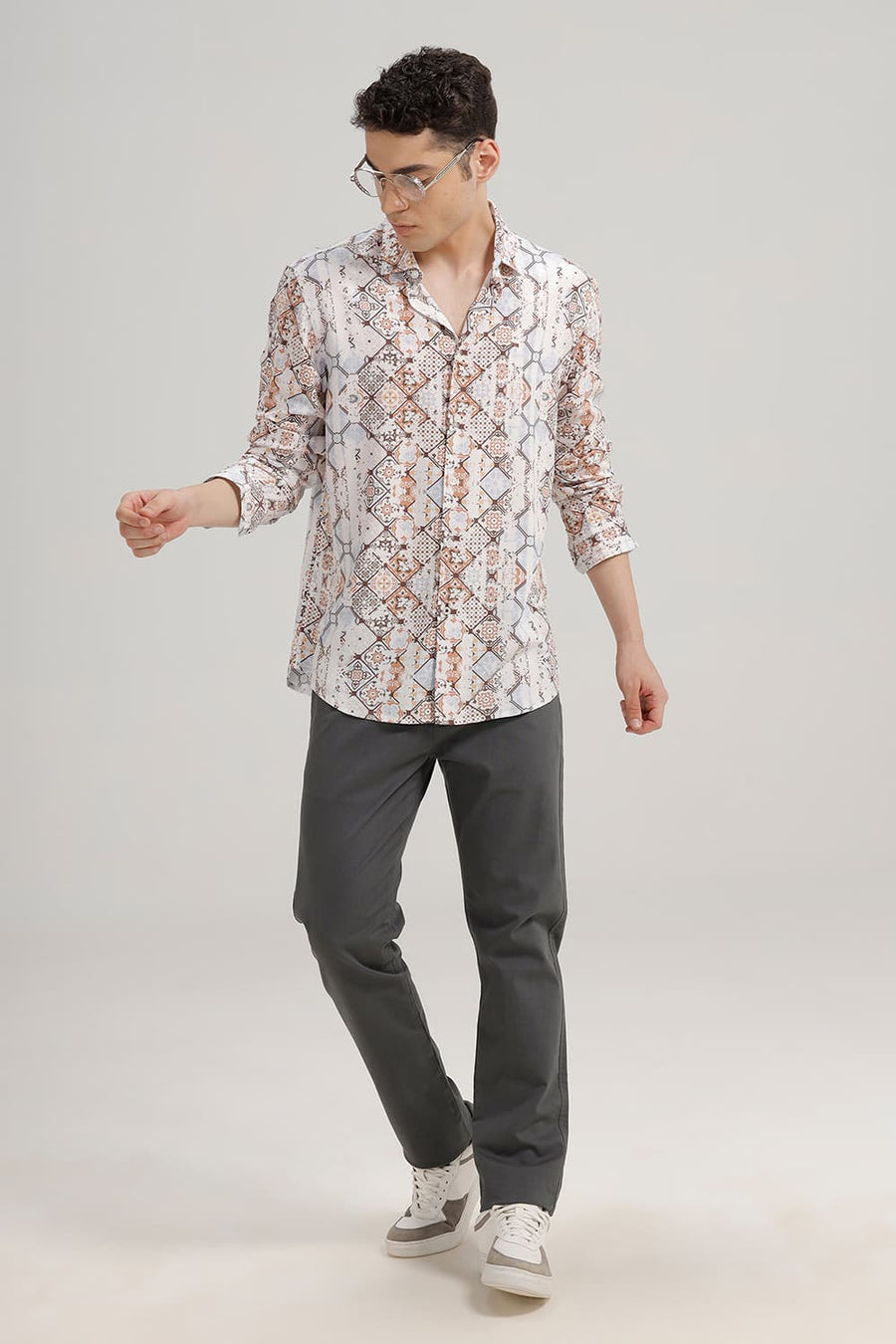 BASICS SLIM FIT PORCINI BROWN VISCOSE DIGITAL PRINTED SHIRT