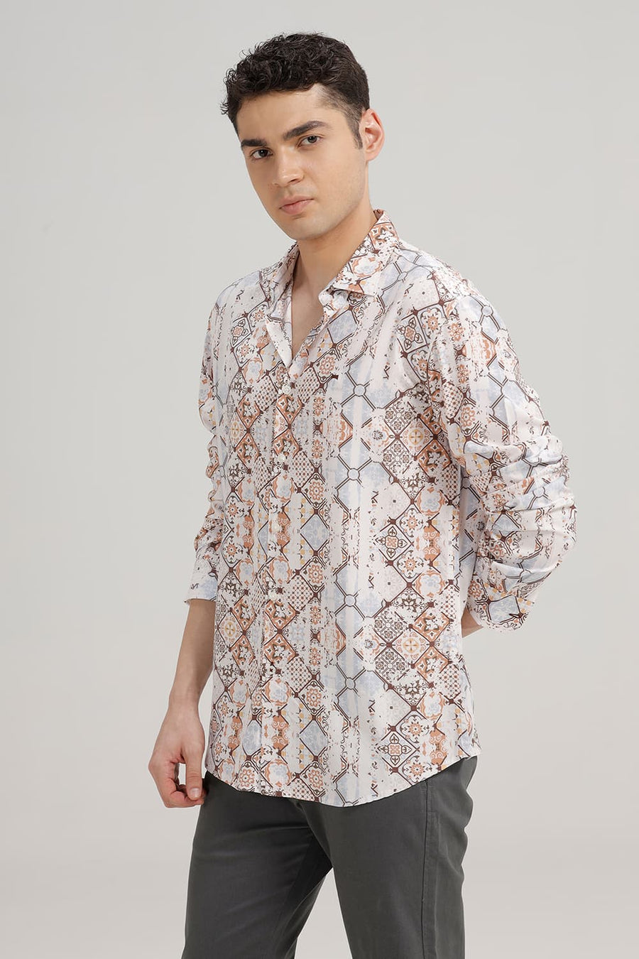 BASICS SLIM FIT PORCINI BROWN VISCOSE DIGITAL PRINTED SHIRT