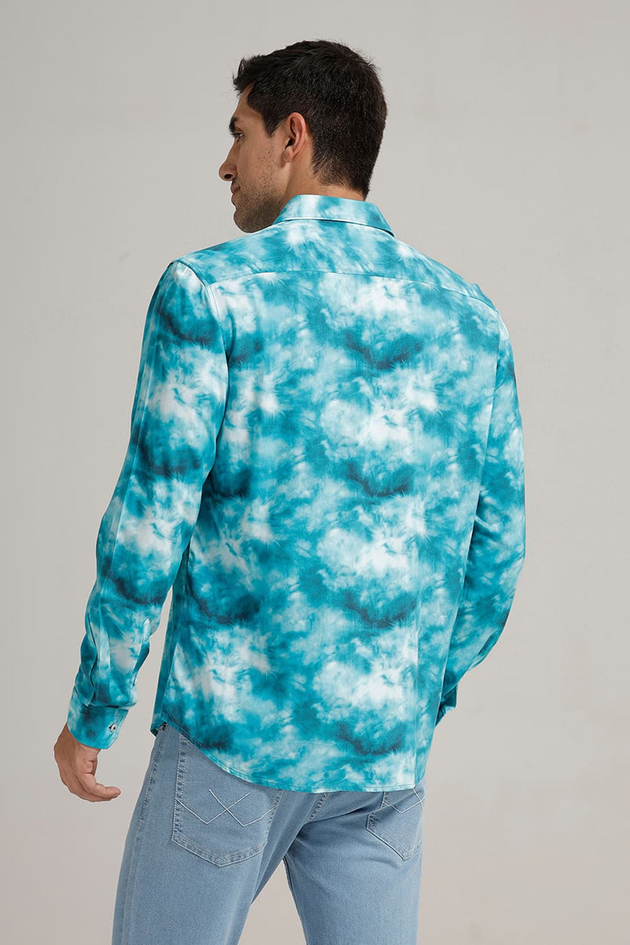 BASICS SLIM FIT EXOTIC TEAL VISCOSE DIGITAL PRINTED SHIRT