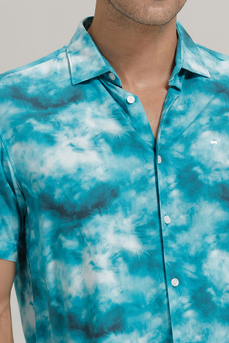 BASICS SLIM FIT EXOTIC TEAL VISCOSE DIGITAL PRINTED HALFSLEEVES SHIRT