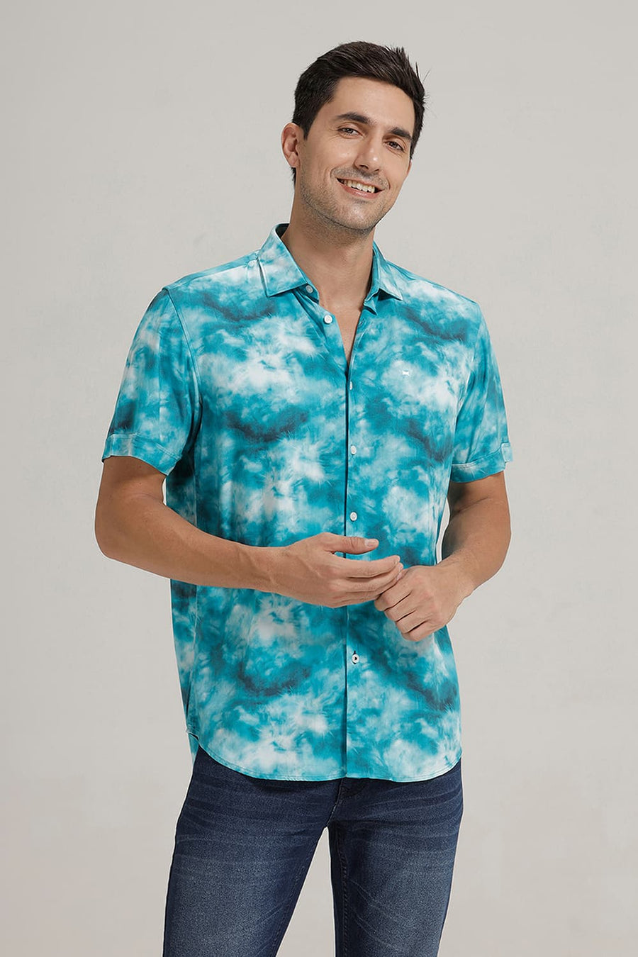 BASICS SLIM FIT EXOTIC TEAL VISCOSE DIGITAL PRINTED HALFSLEEVES SHIRT