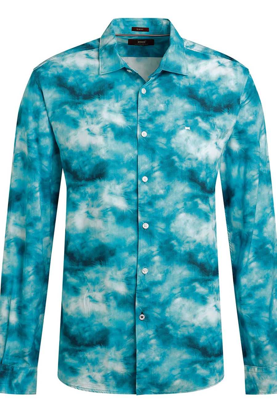 BASICS SLIM FIT EXOTIC TEAL VISCOSE DIGITAL PRINTED SHIRT