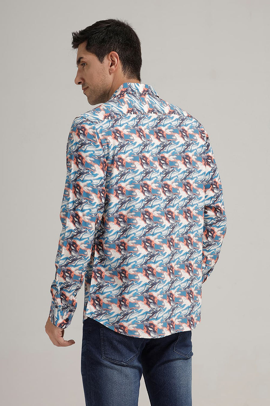 BASICS SLIM FIT GALAXY BLUE VISCOSE DIGITAL PRINTED SHIRT