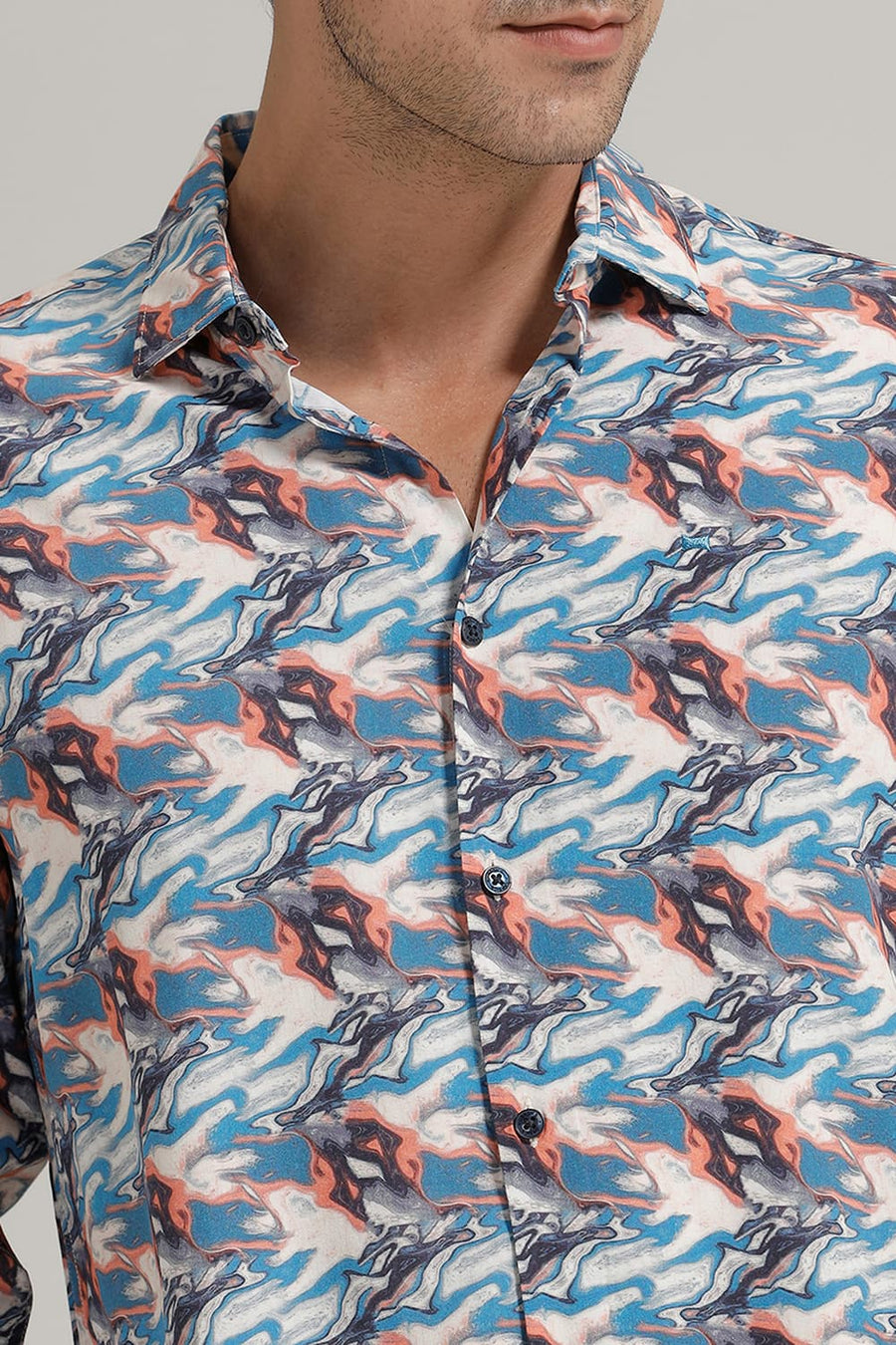 BASICS SLIM FIT GALAXY BLUE VISCOSE DIGITAL PRINTED SHIRT