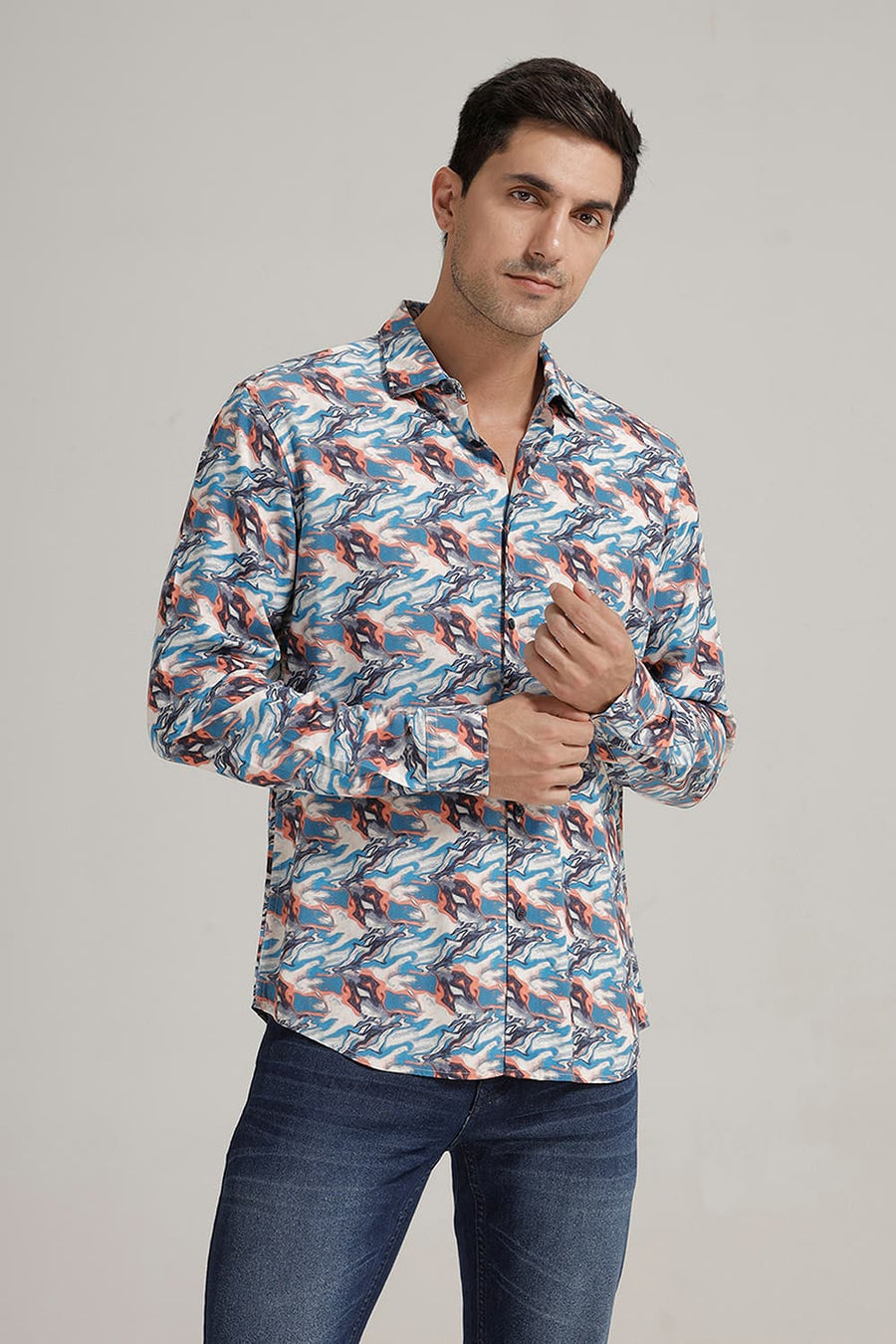 BASICS SLIM FIT GALAXY BLUE VISCOSE DIGITAL PRINTED SHIRT