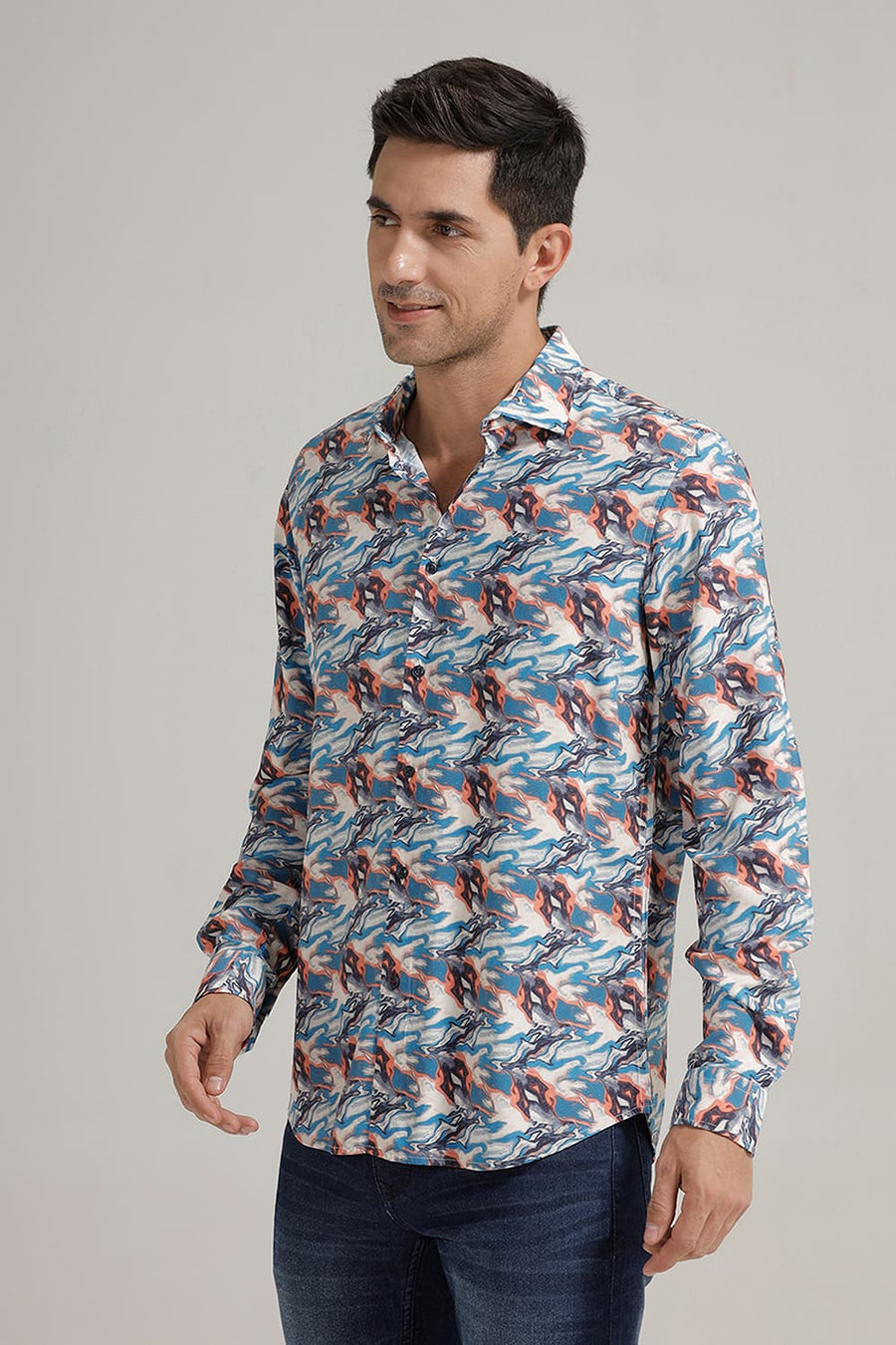 BASICS SLIM FIT GALAXY BLUE VISCOSE DIGITAL PRINTED SHIRT