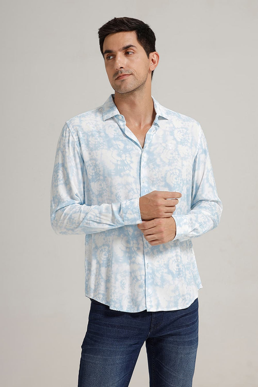 BASICS SLIM FIT BLUE FOG VISCOSE DIGITAL PRINTED SHIRT