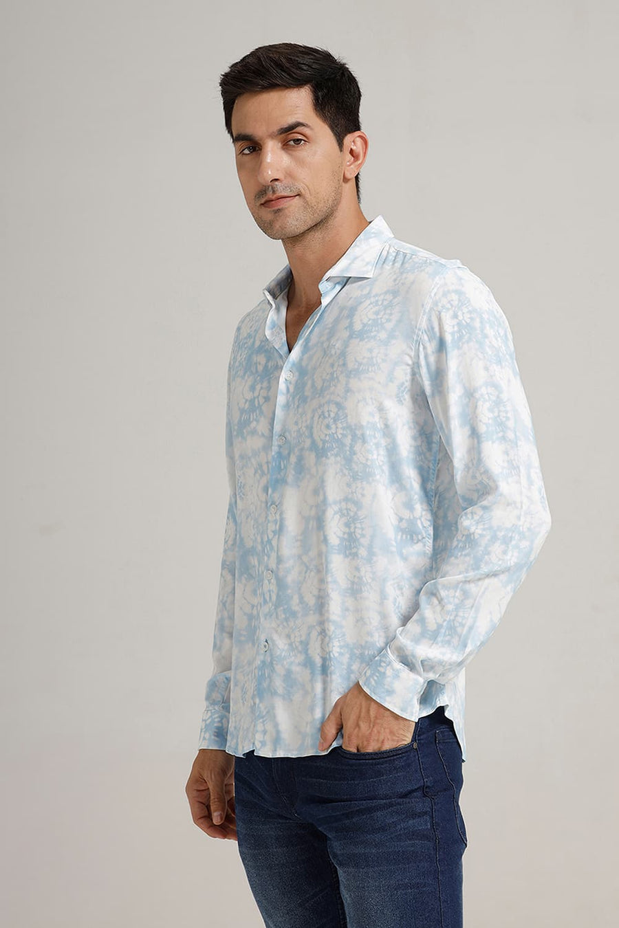 BASICS SLIM FIT BLUE FOG VISCOSE DIGITAL PRINTED SHIRT