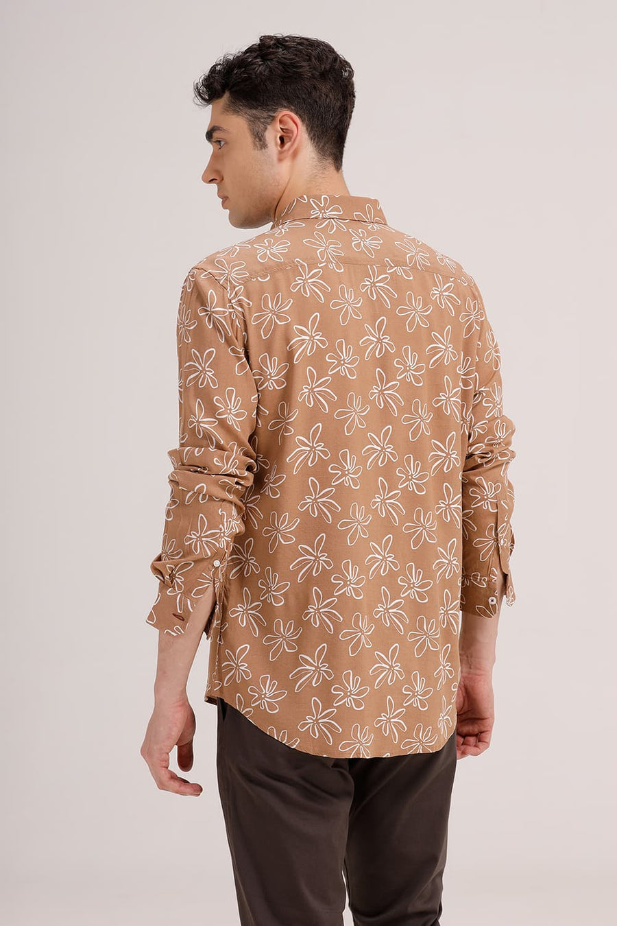 BASICS SLIM FIT CINNAMON BROWN VISCOSE PRINTED SHIRT