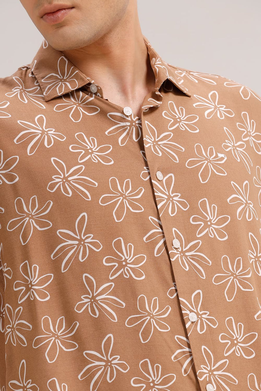 BASICS SLIM FIT CINNAMON BROWN VISCOSE PRINTED HALFSLEEVES SHIRT