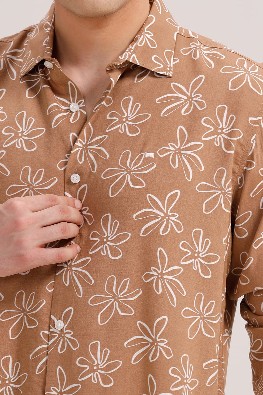 BASICS SLIM FIT CINNAMON BROWN VISCOSE PRINTED SHIRT