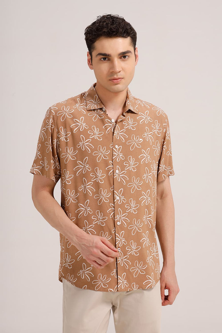 BASICS SLIM FIT CINNAMON BROWN VISCOSE PRINTED HALFSLEEVES SHIRT