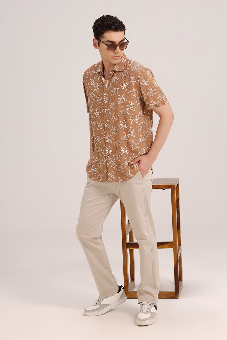 BASICS SLIM FIT CINNAMON BROWN VISCOSE PRINTED HALFSLEEVES SHIRT