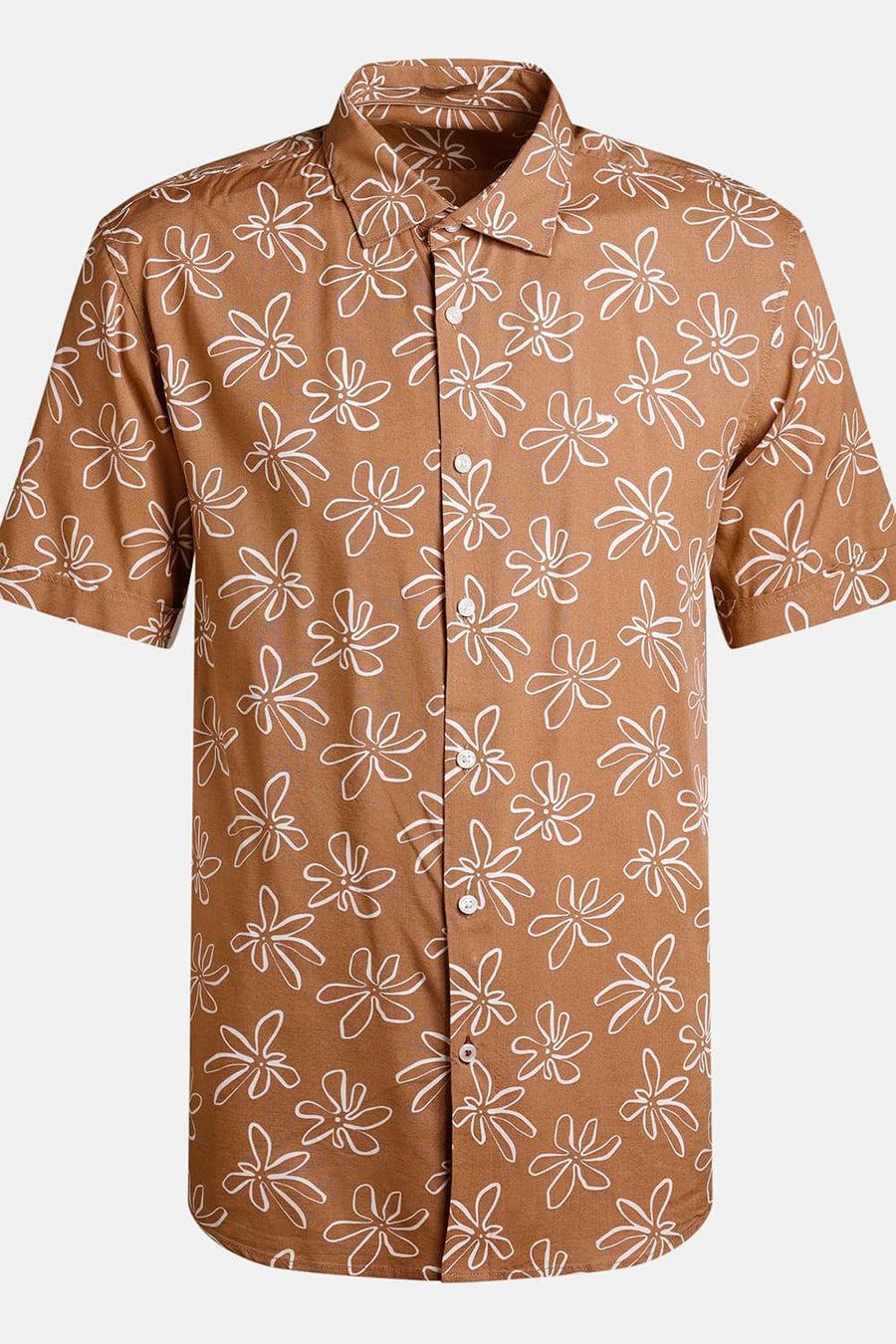 BASICS SLIM FIT CINNAMON BROWN VISCOSE PRINTED HALFSLEEVES SHIRT