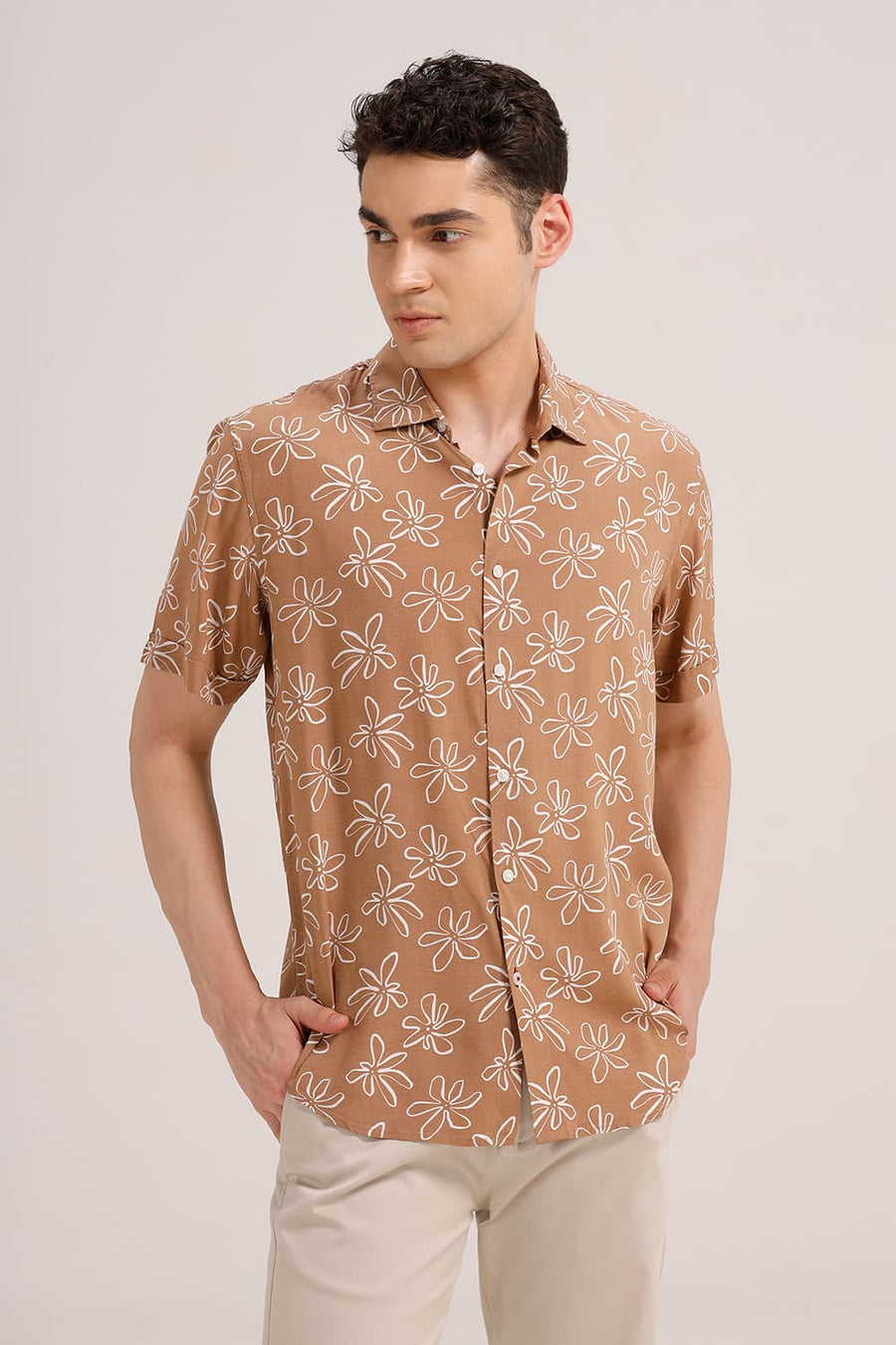 BASICS SLIM FIT CINNAMON BROWN VISCOSE PRINTED HALFSLEEVES SHIRT