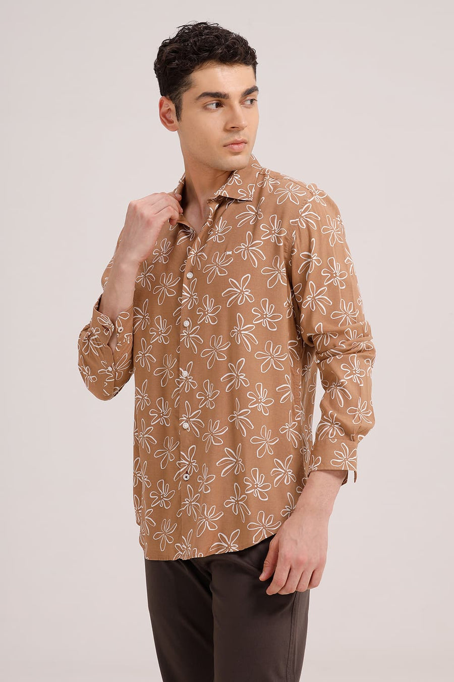 BASICS SLIM FIT CINNAMON BROWN VISCOSE PRINTED SHIRT