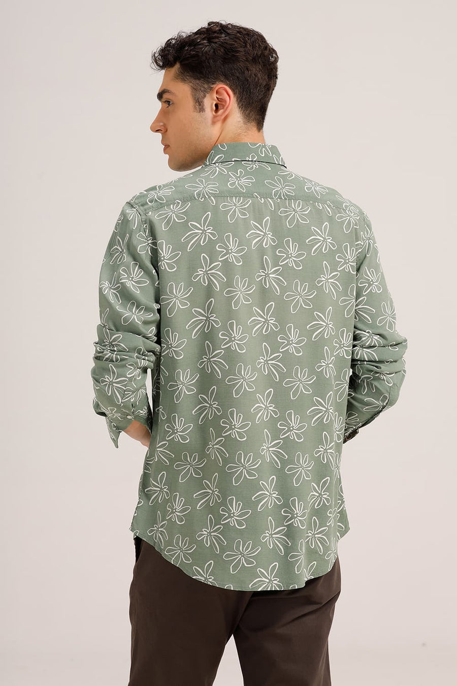 BASICS SLIM FIT FOREST GREEN VISCOSE PRINTED SHIRT
