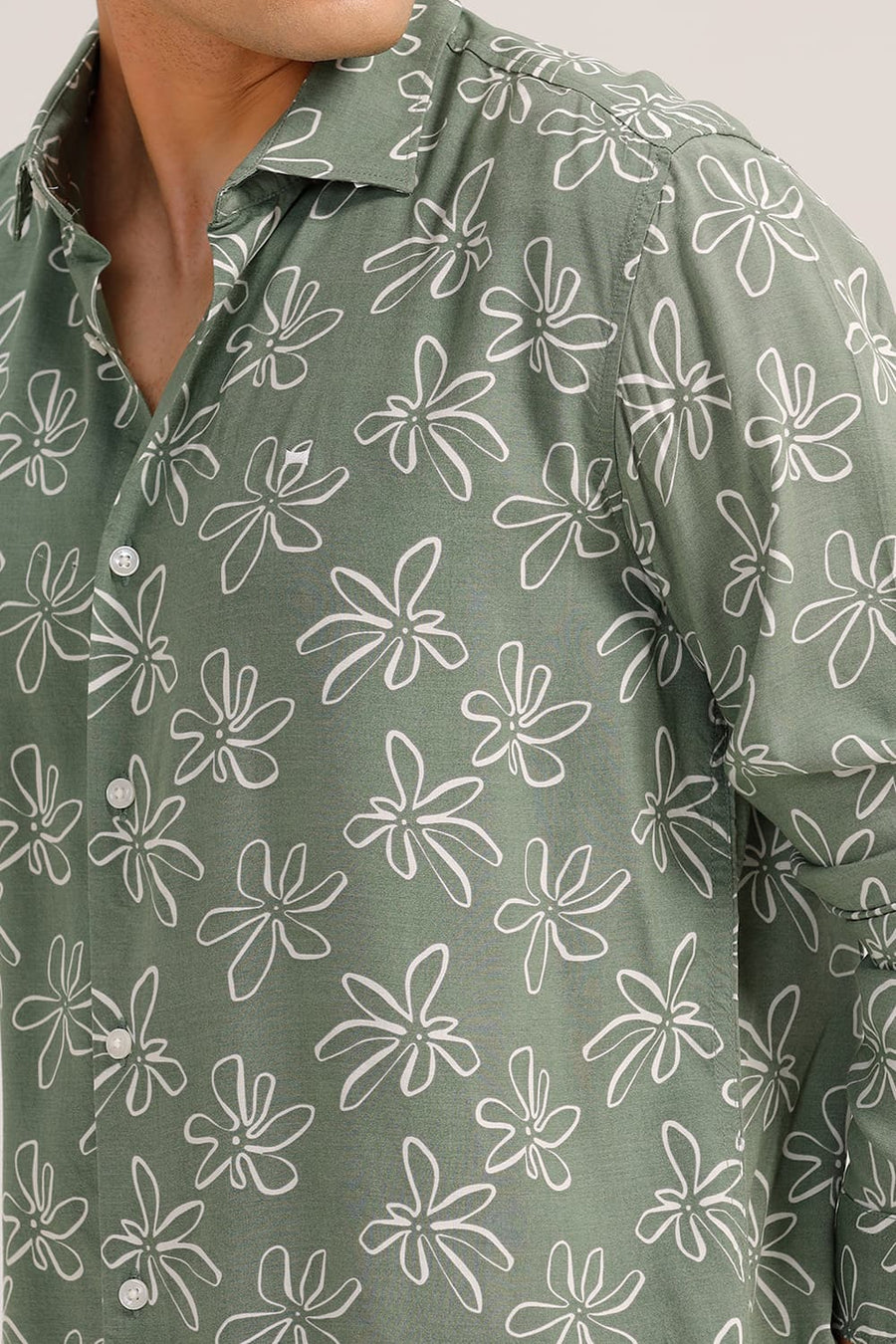 BASICS SLIM FIT FOREST GREEN VISCOSE PRINTED SHIRT